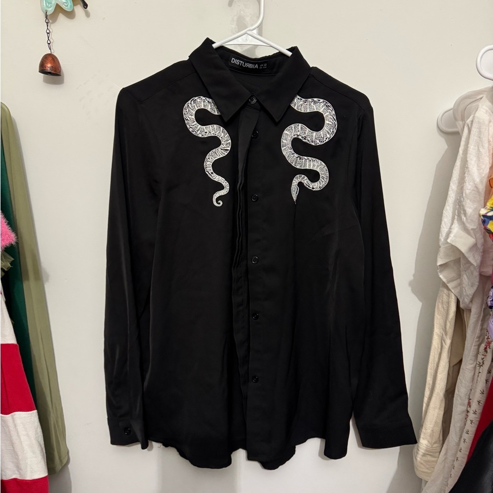Disturbia Black Button-Up Shirt with Snake Embroidery